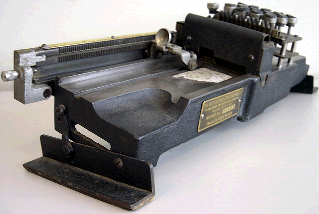 Front view of the British Tabulating Machine Company Type 001 mechanical keypunch (card punch); notice the angle of the keypunch.  This would allow a more comfortable hand position for the keypunch operator. This keypunch was an important part of computer history.