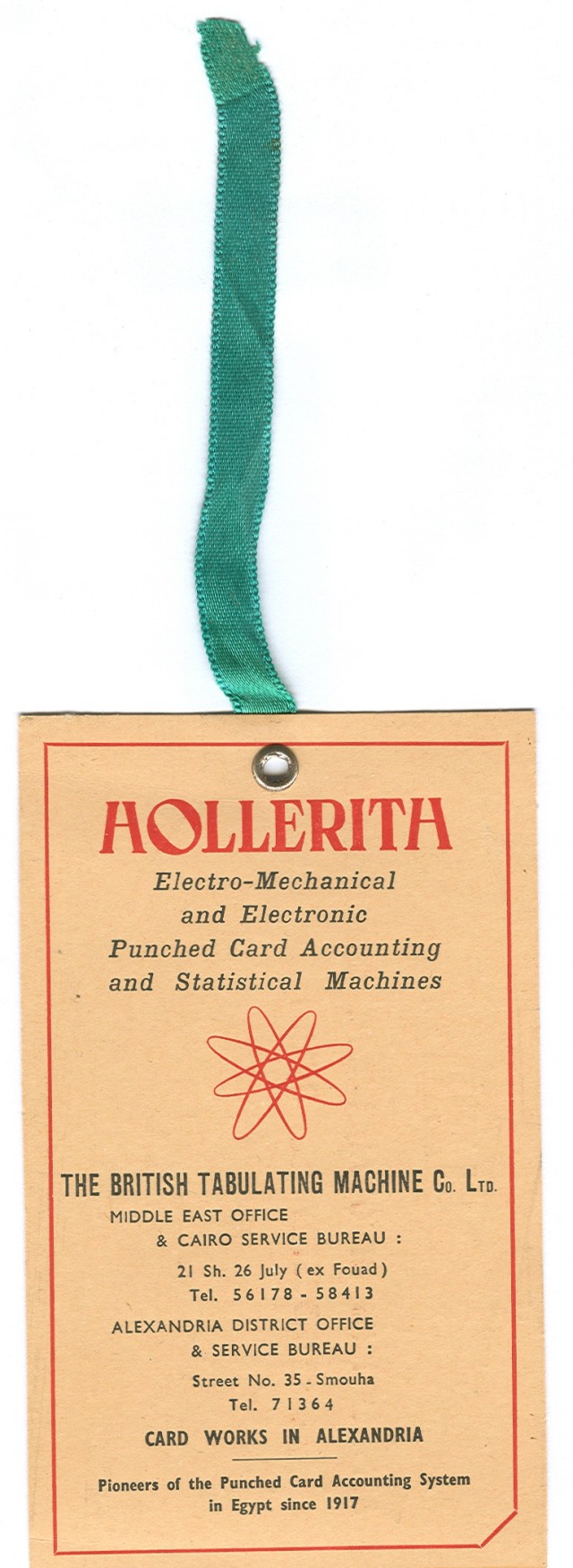  image of Obverse side of card with green ribbon. 