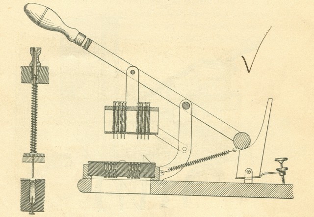  image of A schematic drawing of the card reader as shown in the author's edition of the <i>Electric Tabulating System</i>.  Pulling down on the handle would allow the pins to drop through any holes in the card.  The   drawing on the left shows a pin dropping. 