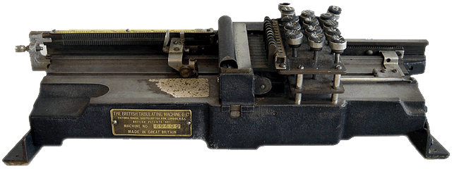 front view of the British Tabulating Machine Company Type 001 mechanical keypunch (card punch). This rare keypunch was an important part of computer history. 