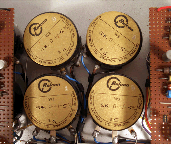 Closeup of a set of four Relcon 5000 ohm resistors